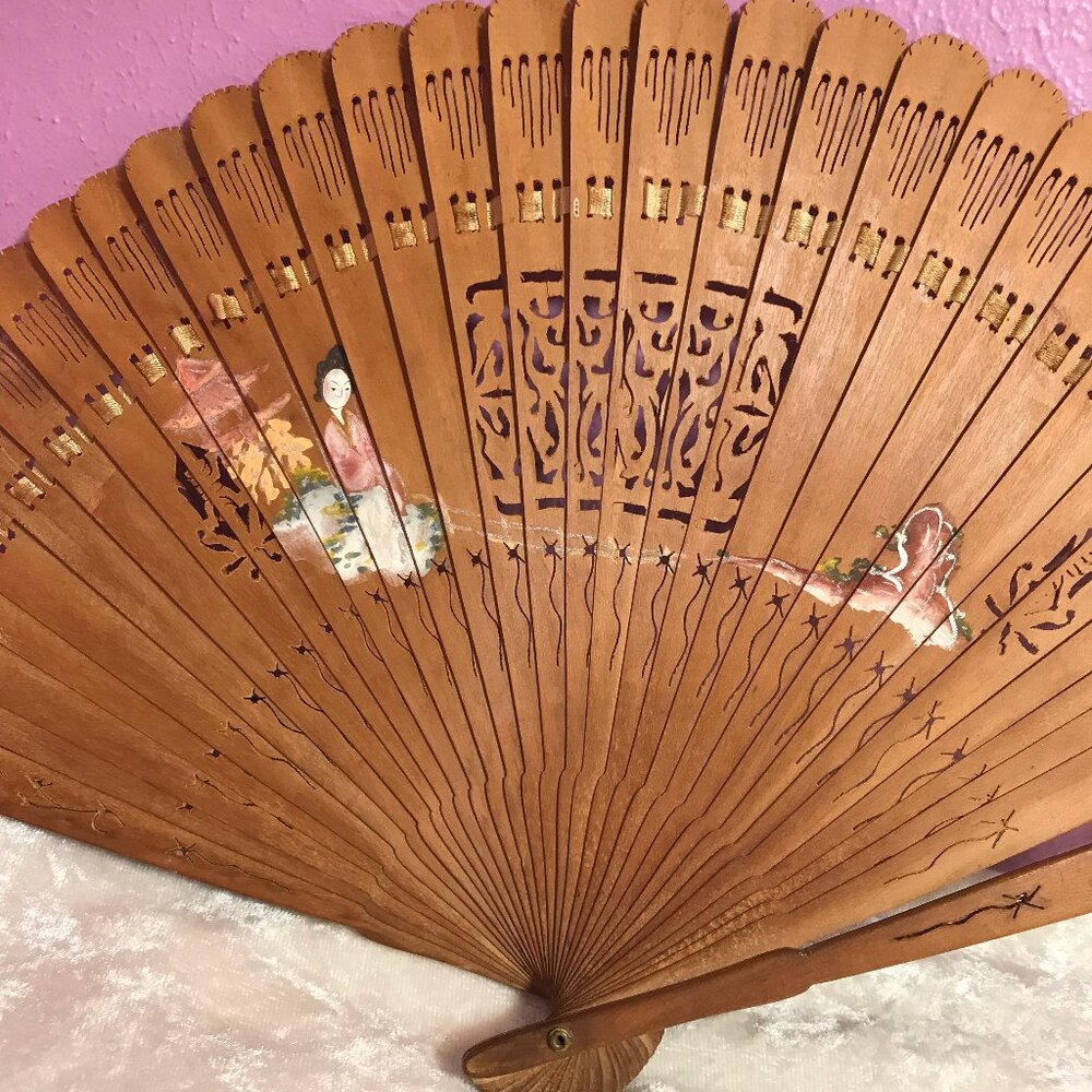 Vintage Brown Hand-Painted Japanese Fan Woman Sitting Cutout Home Decor GUC Gift